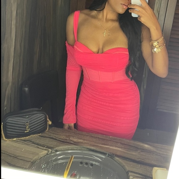 Mesh Asymmetric Off Shoulder Mini Dress 